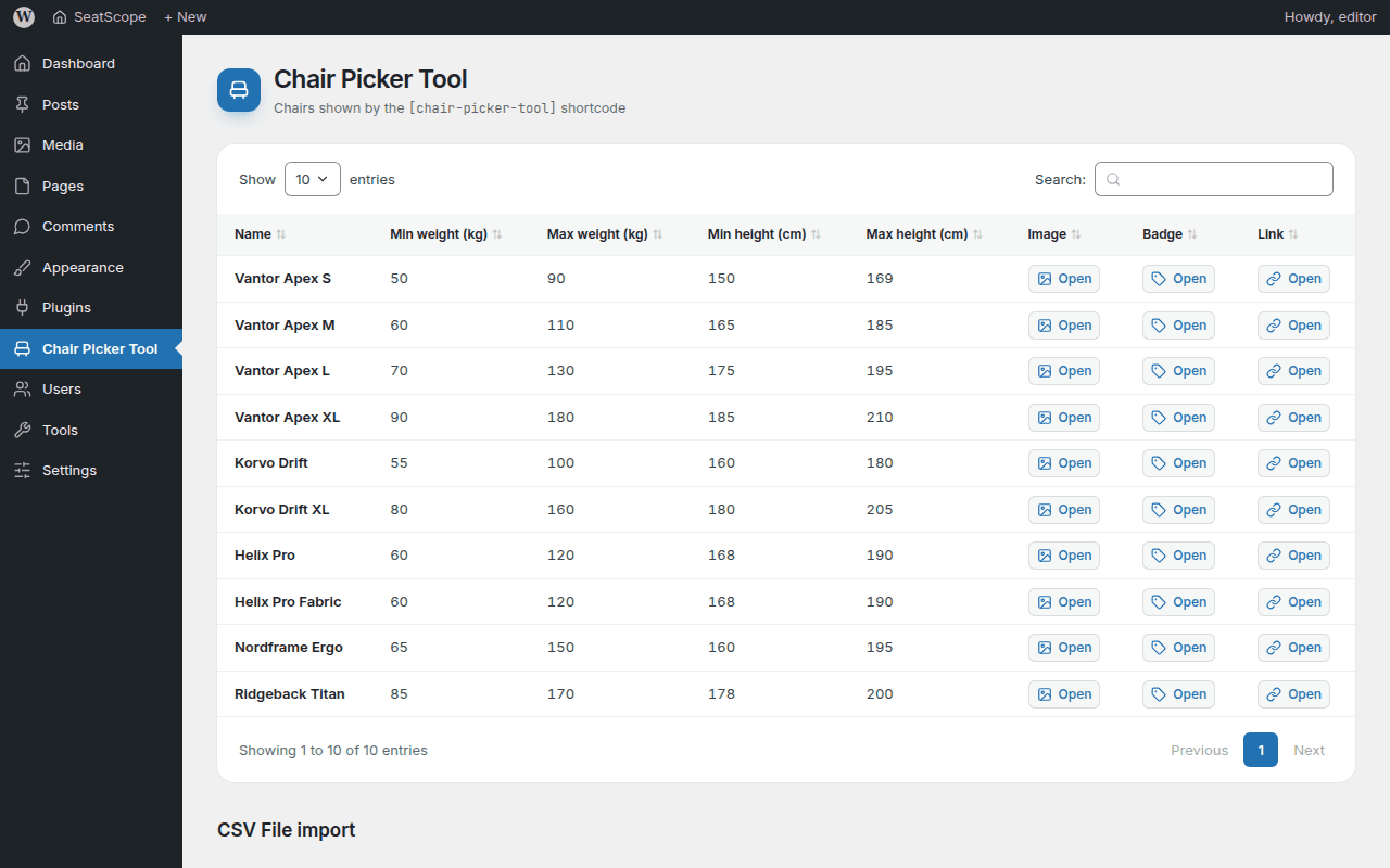 WordPress admin page 'Chair Picker Tool' with a DataTables list of ten chairs: name, minimum and maximum weight and height, and 'Open' links for image, badge and product.