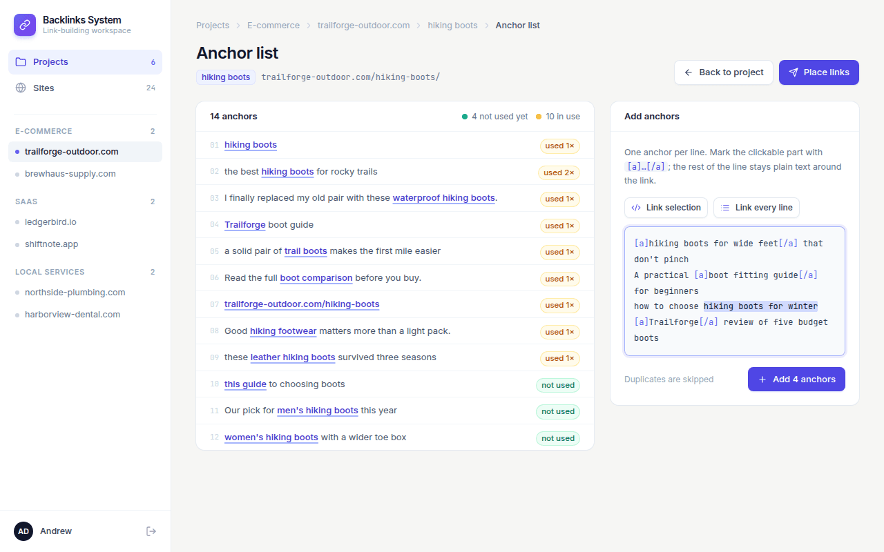Anchor list of 14 anchors with usage badges, next to an editor where link text is marked with [a] tags.