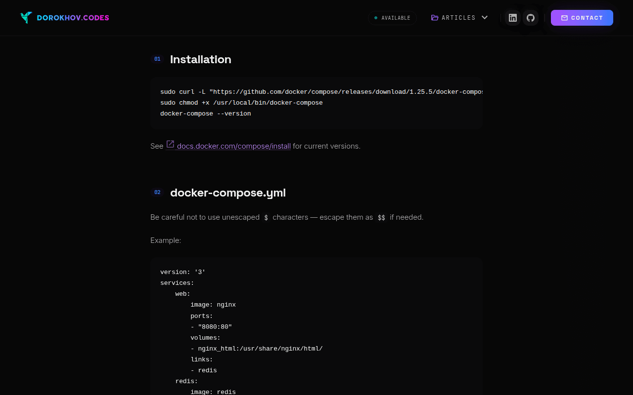 Docker Compose article: numbered headings, body text, a shell code block and a YAML example.