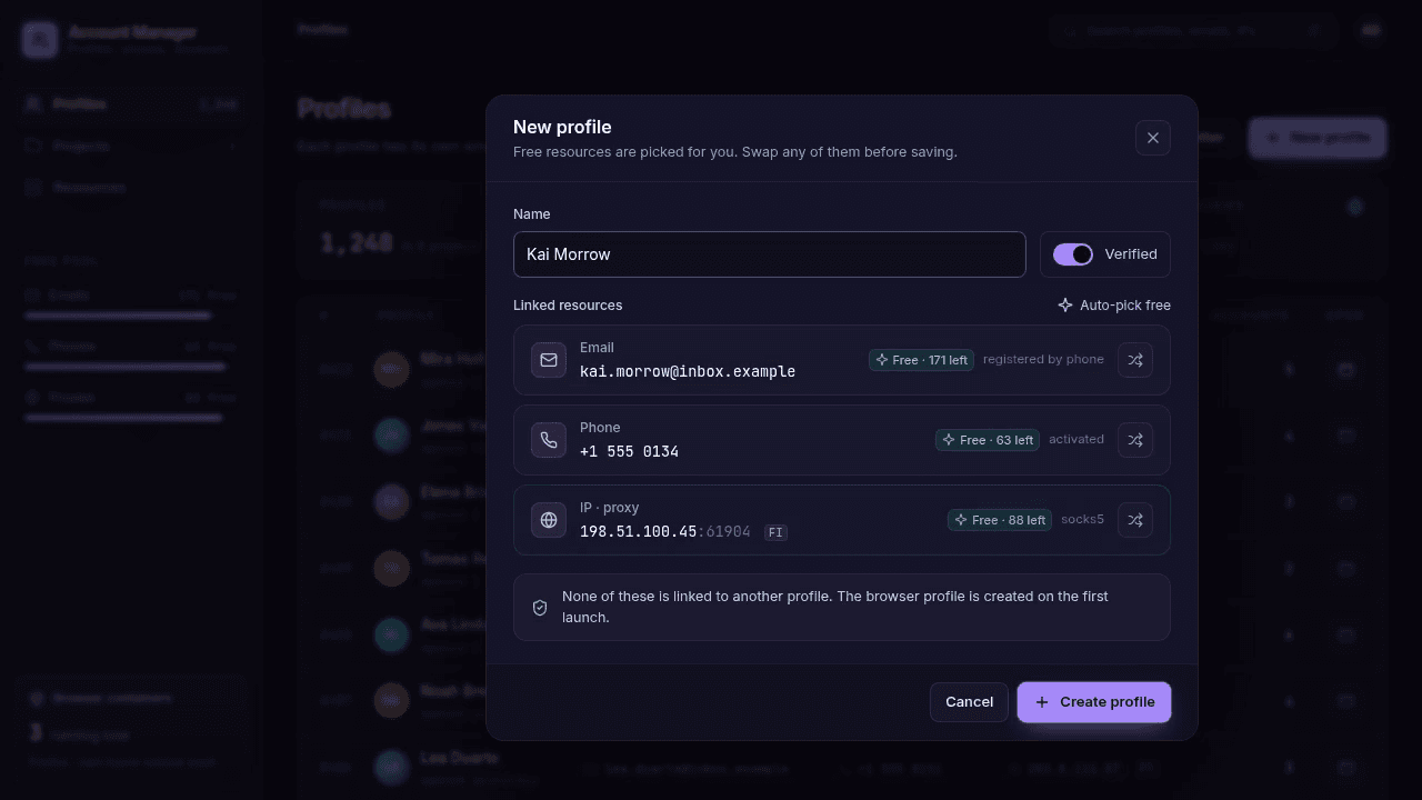 The new profile form: a name is typed, then a free email, phone and proxy appear one by one while the free counters decrease.