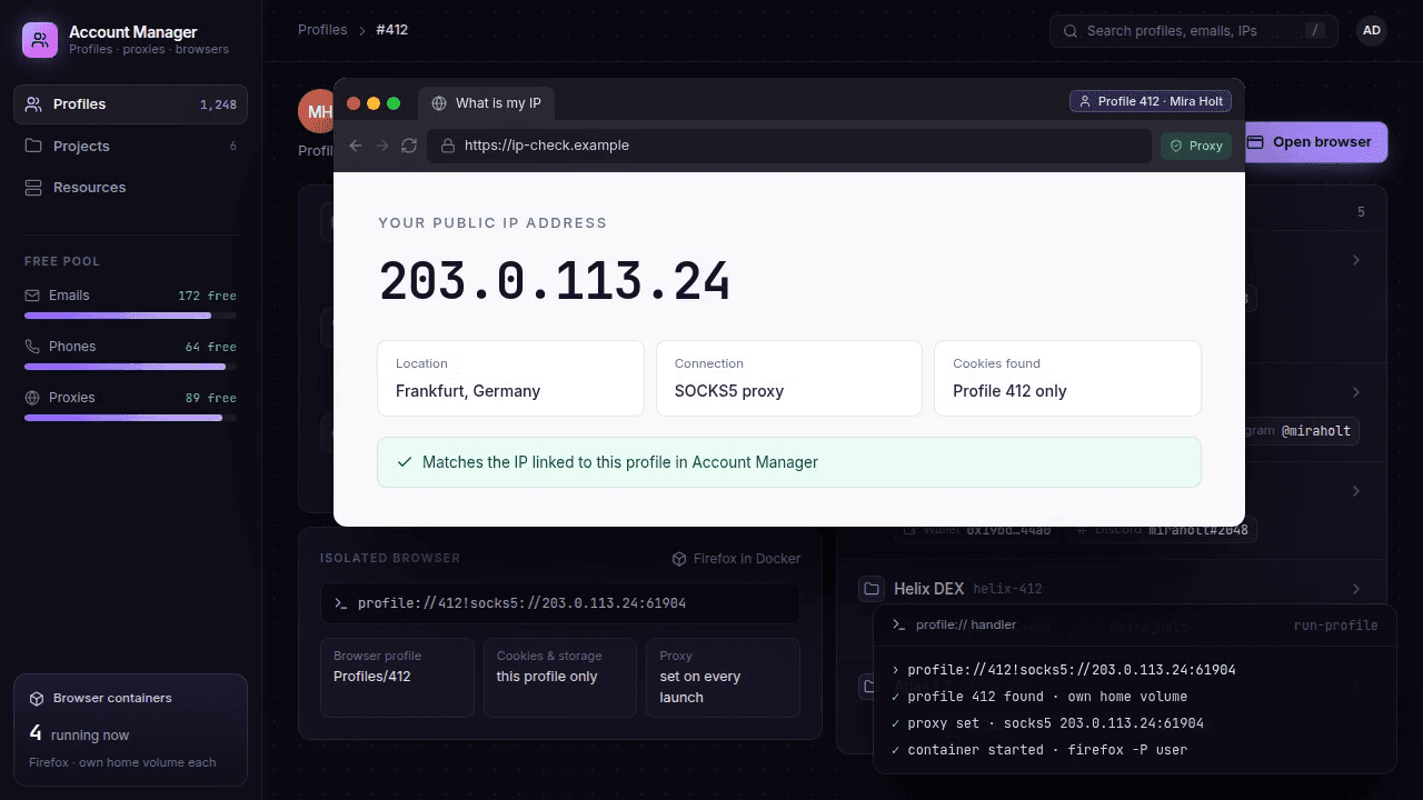 A click on Open browser, a launcher log with the profile link, proxy and container start, and a Firefox window showing the profile's IP address.