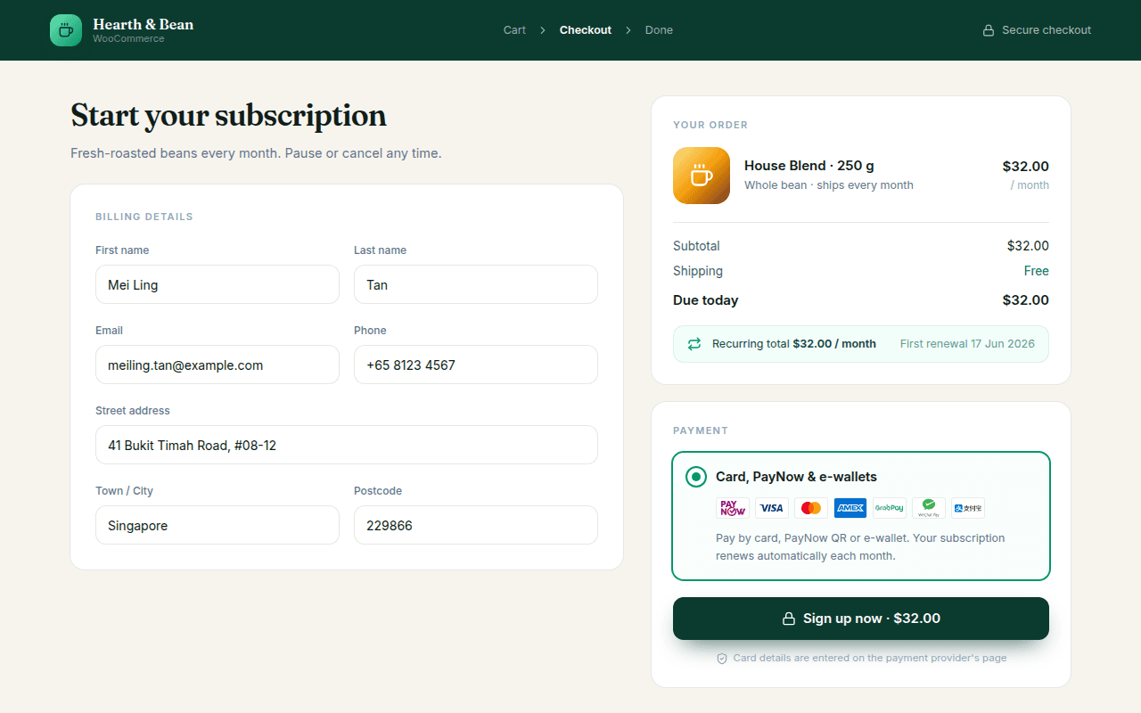 Checkout of a coffee subscription: billing details, a House Blend plan at $32.00 a month with the first renewal date, and the 'Card, PayNow & e-wallets' method with seven payment logos and a 'Sign up now' button.
