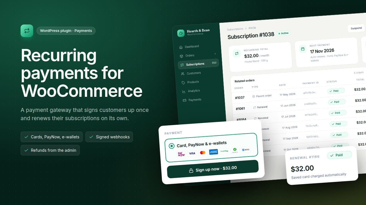 Cover: a subscription page with six paid orders, a checkout card with the 'Card, PayNow & e-wallets' method and payment logos, a 'Renewal #1166 paid' card and the title 'Recurring payments for WooCommerce'.