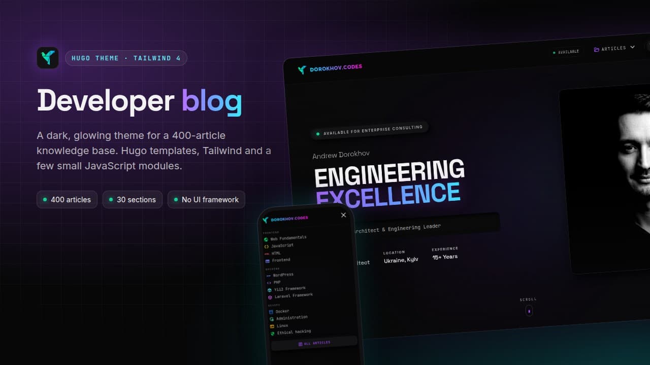 Cover: the blog's home page with the 'Engineering Excellence' hero and a phone showing the mobile menu, next to the title 'Developer blog'.