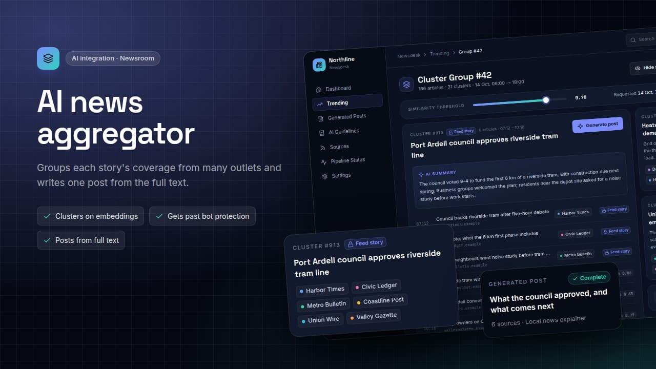 Cover: the cluster group page of a newsroom tool, a 'Cluster #913' card marked 'Feed story' with six source names, a 'Generated post · Complete' card and the title 'AI news aggregator'.