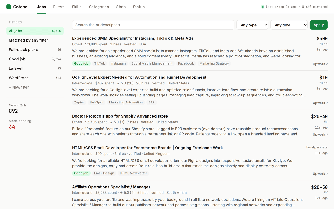 Jobs feed: filters with match counts in the sidebar, job rows with client spend, rating and skills, green filter badges and rates on the right.