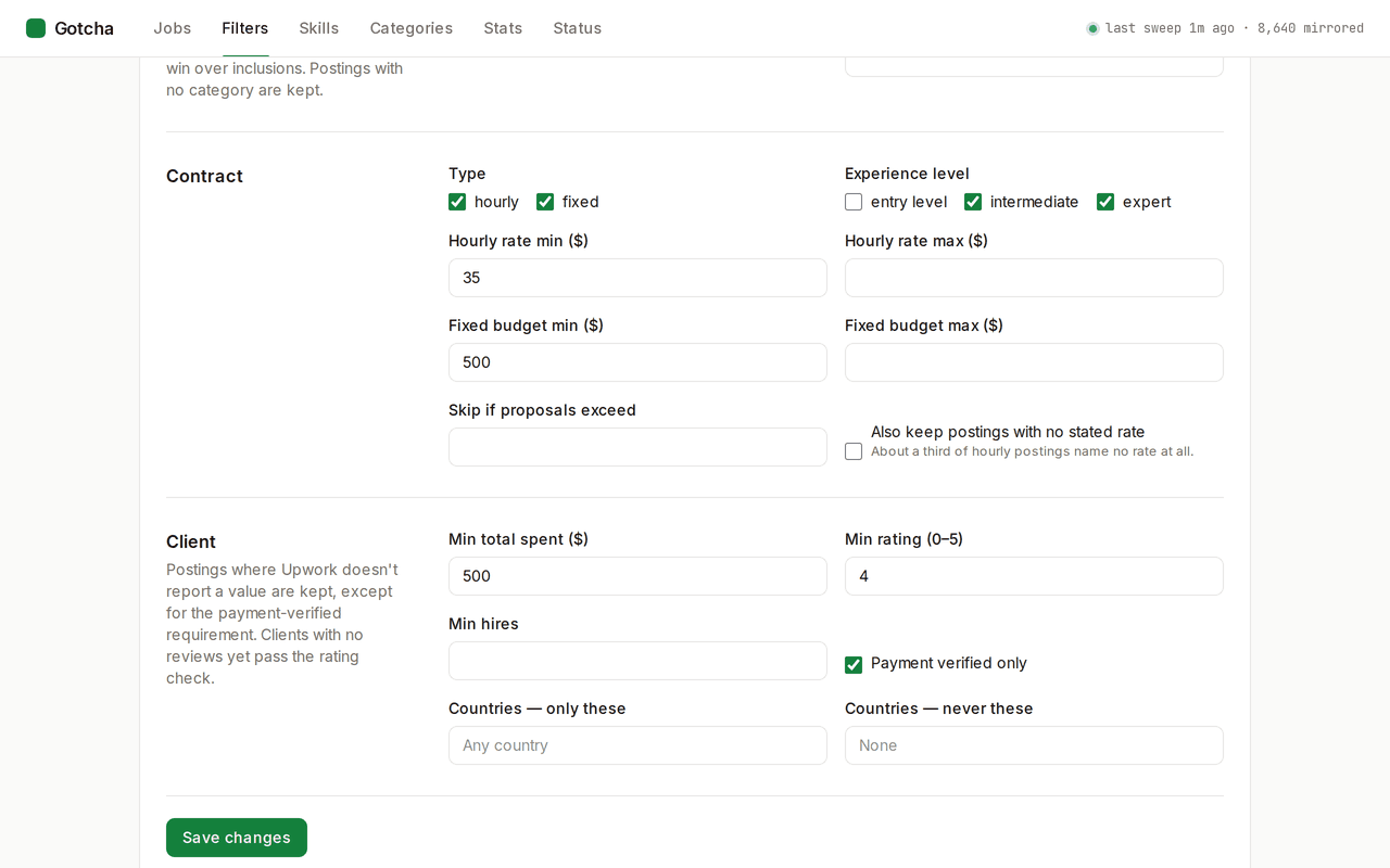 Contract and client rules of a filter: hourly and fixed types, intermediate and expert levels, $35/hr and $500 minimums, client spend over $500, rating 4+, payment verified.