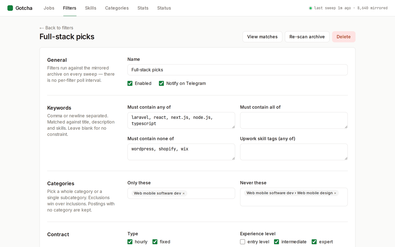 Filter editor for 'Full-stack picks': keywords laravel, react, next.js, node.js, typescript; excluded wordpress, shopify, wix; one category included and one subcategory excluded.
