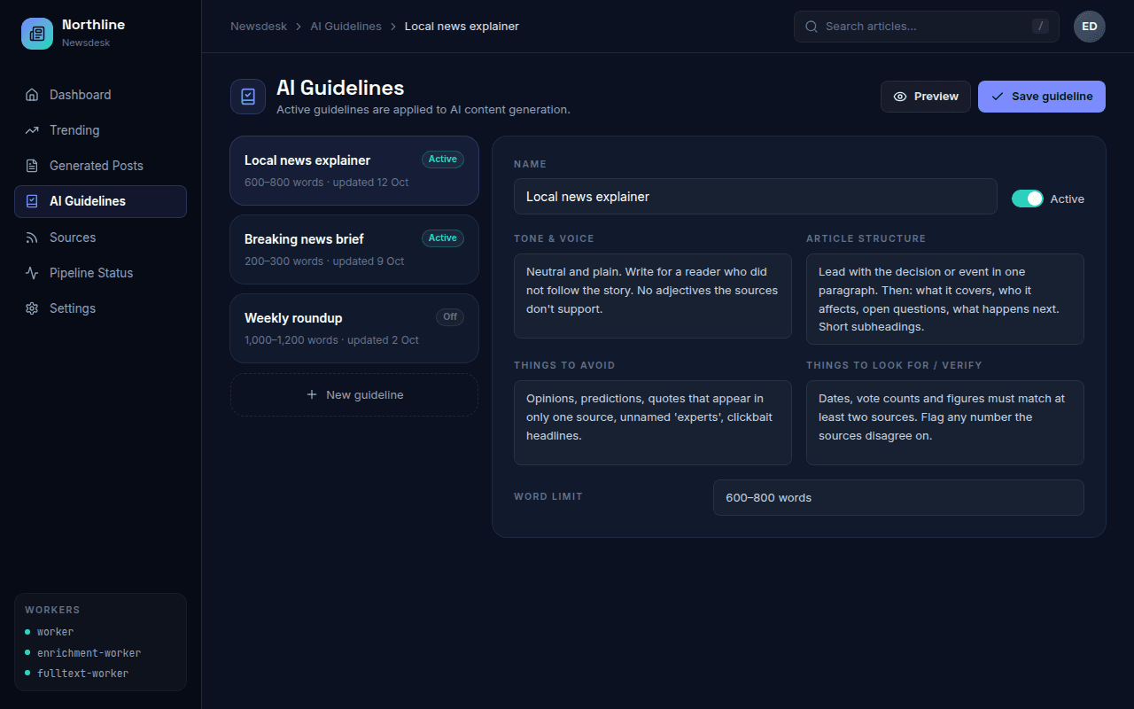 AI Guidelines page: a list of three guidelines and an edit form with Tone & Voice, Article Structure, Things to Avoid, Things to Look For / Verify and Word Limit.