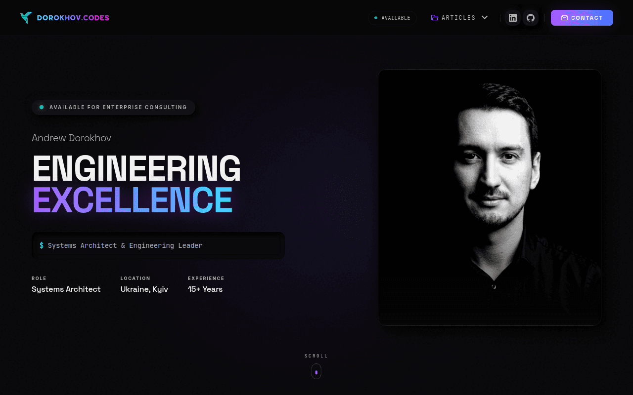The blog's home page: the 'Engineering Excellence' headline in a violet-to-cyan gradient, a terminal-style line, role, location and experience, and a grayscale portrait on the right.