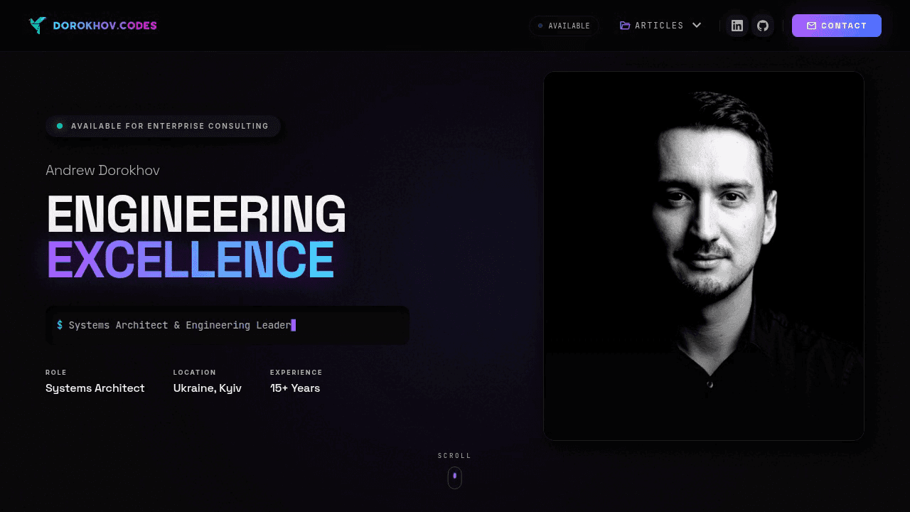 Home page loading: the hero fades in, the terminal line types 'Systems Architect & Engineering Leader', then the page scrolls and the hero fades out over a slower background.