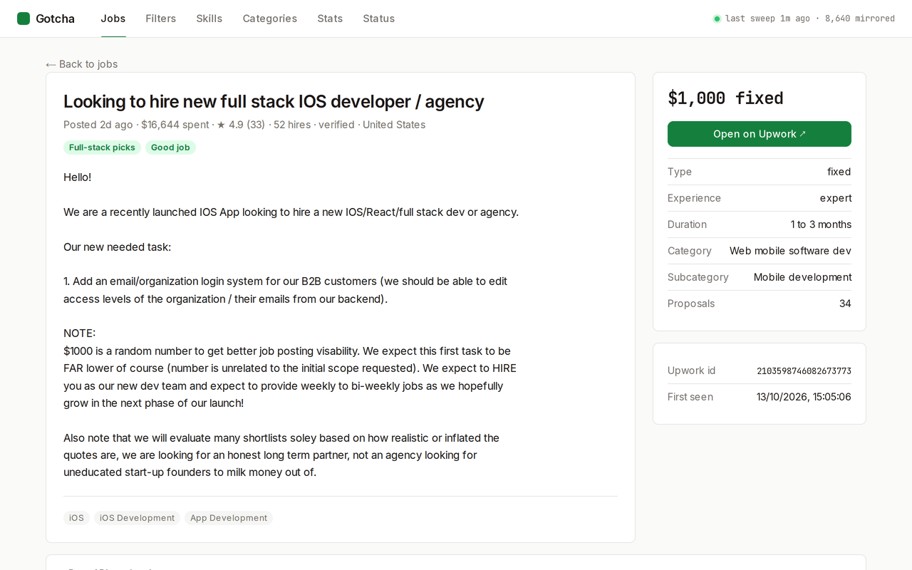 A $1,000 fixed-price posting with its description, the two filters it matched, and a panel with type, experience, duration, category and proposals.