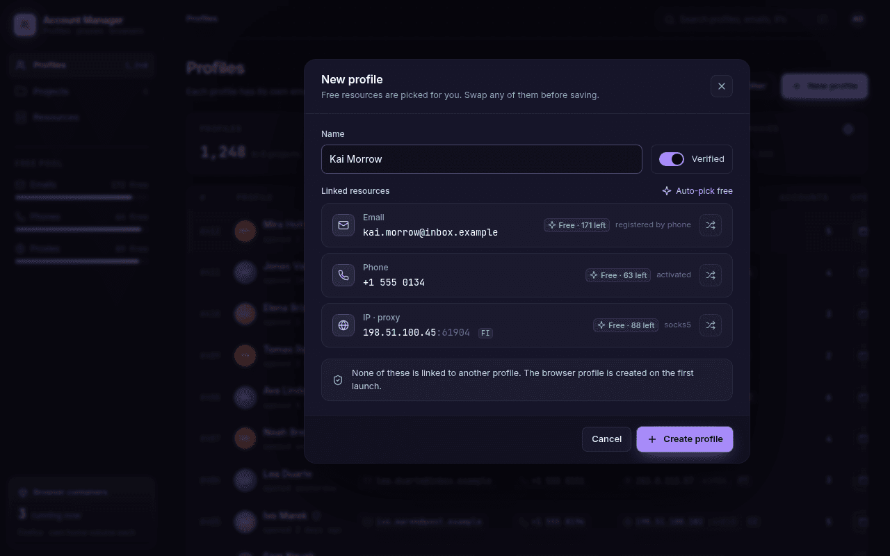 New profile form with a free email, phone and proxy picked from the pools, each marked with how many free ones are left.