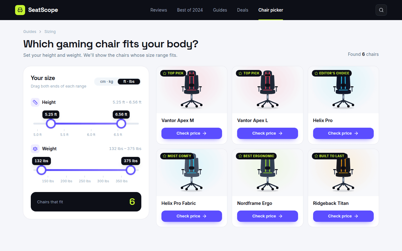 The same picker switched to feet and pounds: height 5.25–6.56 ft and weight 132–375 lbs, with the same six chairs.