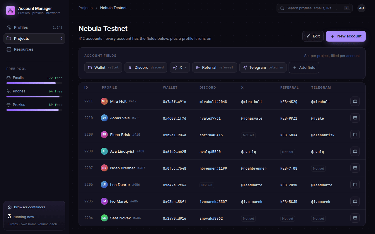 Project page for Nebula Testnet: its account fields (wallet, Discord, X, referral, Telegram) and a table of accounts with a value or Not set for each field.