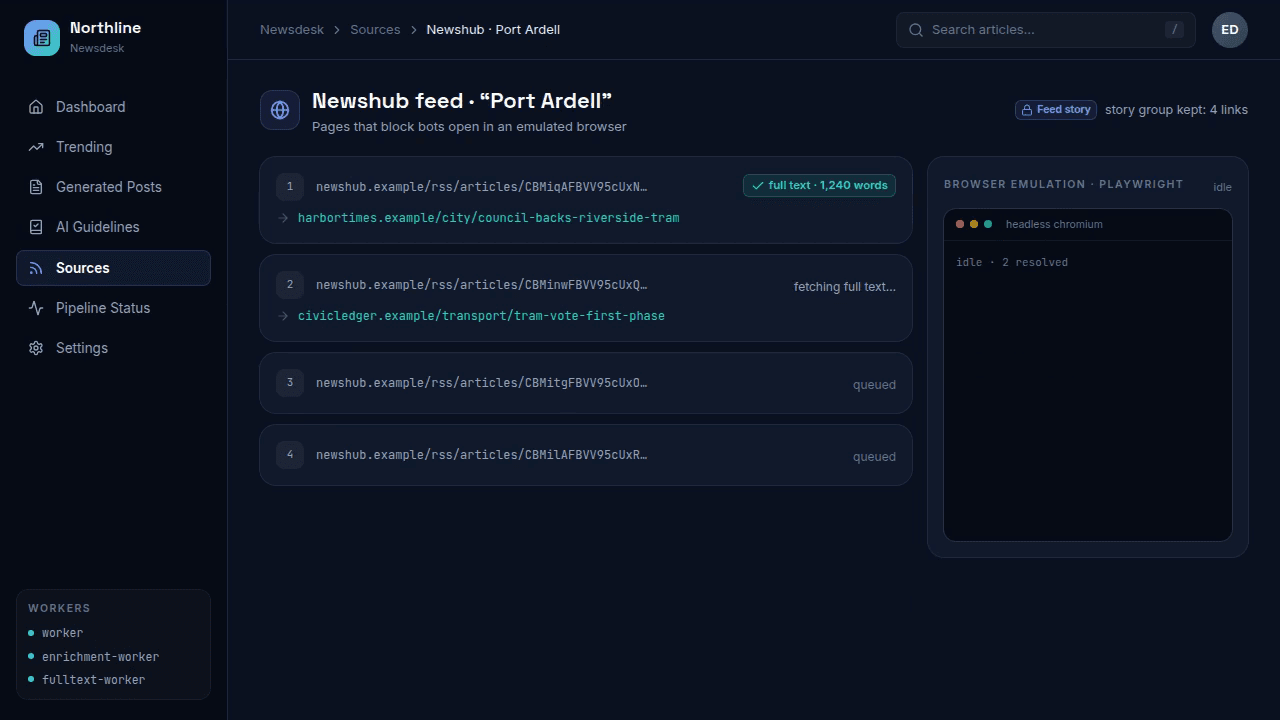 Four protected links open one after another in a browser emulation panel; three get the publisher's URL and full text, and the third, which resolves to the same URL as the first, is marked 'duplicate · skipped'.