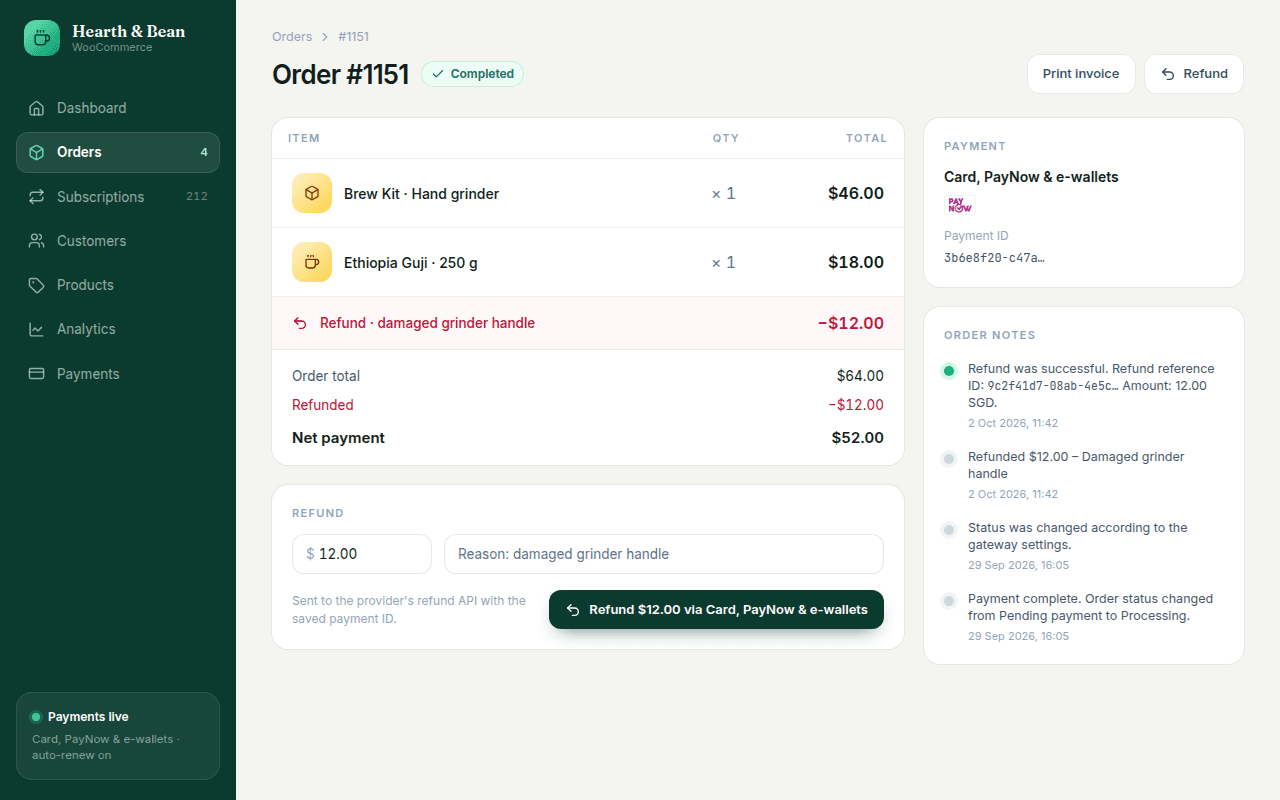 Order #1151 with a $12.00 partial refund: items, totals, the refund form and order notes with the refund reference ID and amount.