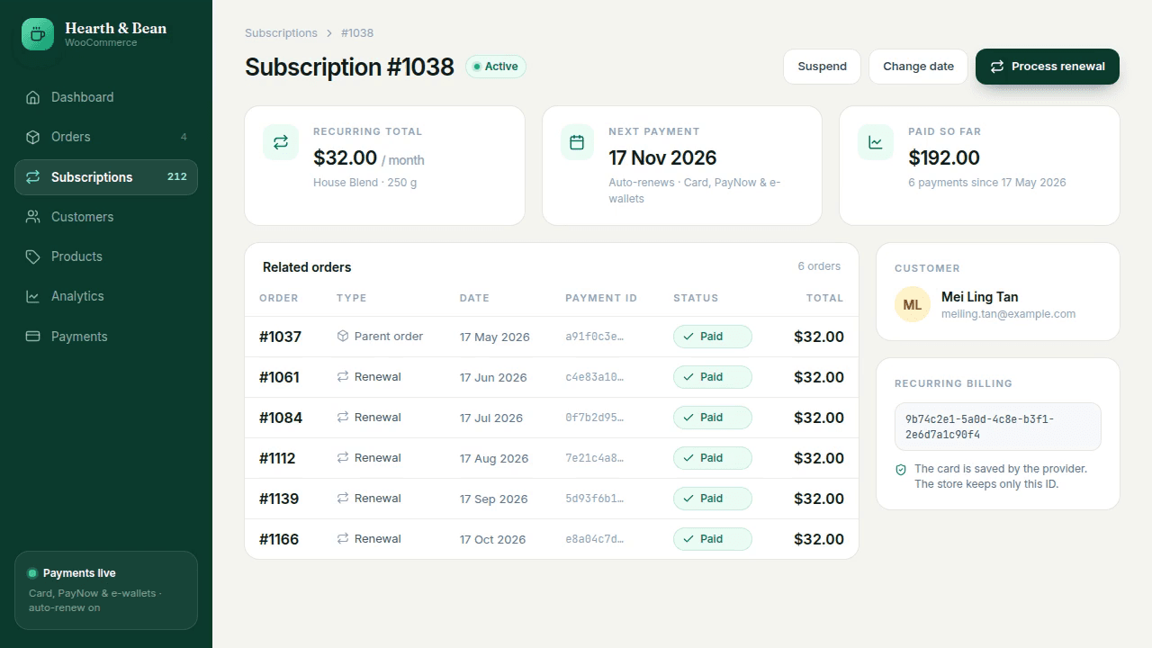 Subscription page: renewal orders are added one by one, show 'Charging…' and then 'Paid', while 'Paid so far' grows and the next payment date moves forward.