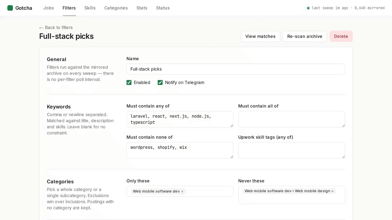 Filter editor with keyword fields and the Re-scan archive button highlighted, then the filters list with 36 matches for the new filter.
