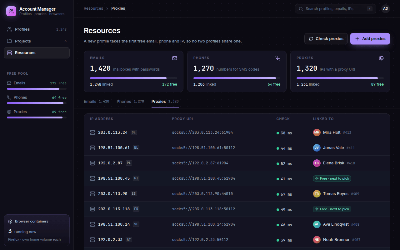 Resources page: pools of emails, phones and proxies with linked and free counts, and a table of proxies with the profile each one is linked to.