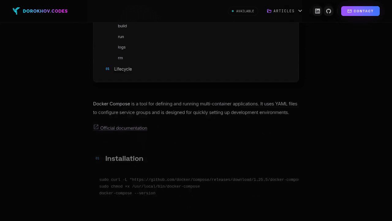 Scrolling through the Docker Compose article: the table of contents, numbered headings and code blocks fade in as they reach the viewport.