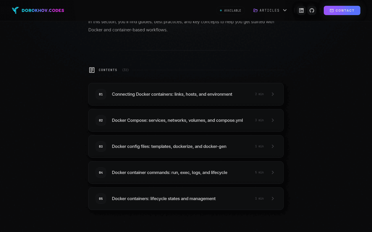 Docker section page: a contents list of article cards with numbers, titles and reading times on a dark background with a blue glow.