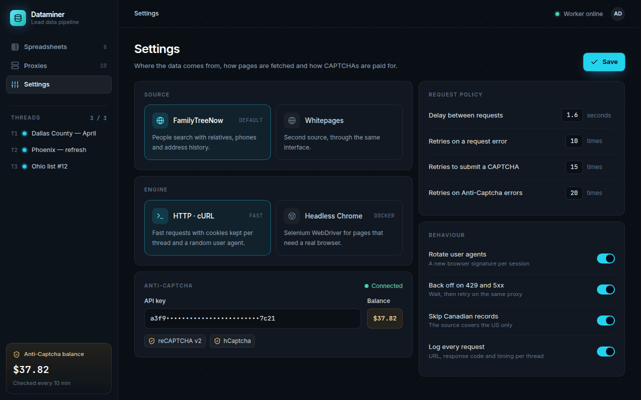 Settings: source (FamilyTreeNow or Whitepages), engine (HTTP over cURL or headless Chrome), Anti-Captcha key and balance, request delay and retry limits, and behaviour toggles.