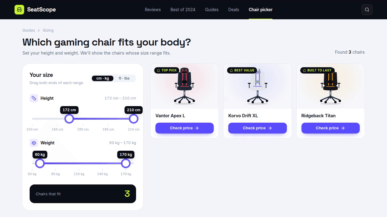 Height and weight sliders are dragged; after each release the chair cards reload and the count changes from 6 to 3.